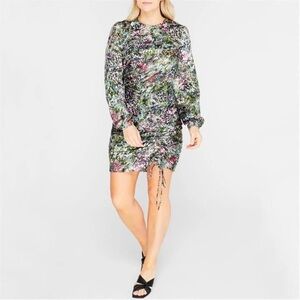 Women's Medium Front Ruched Sheer Multi-Color Bishop Long Sleeve Overlay Dress